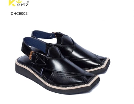Charsadda Kaptaan Chappal Peshawari Chappal / Sandal – Gents – Genuine Leather – Black – Soft Insole – Thin Tyre sole